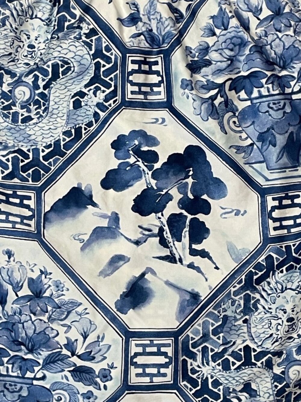 Vintage RALPH LAUREN Palm Harbor Octagonal QUEEN Bedskirt Porcelain Blue White